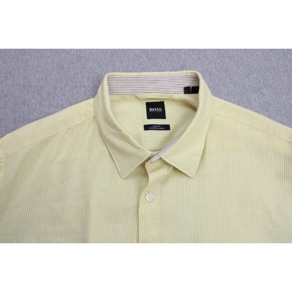 Hugo Boss Shirt Men's XL Yellow Stretch Striped Slim Fit Long Sleeve Button-Up - Picture 1 of 9